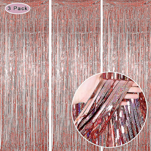3-pack fransgardiner för festdekorationer, glittrande bakgrundsgardiner för fester, bröllop, examen, födelsedagsfester (rosa) (roséguld)