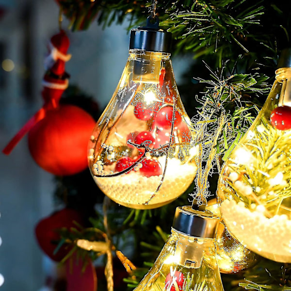 Julekuler i Klar Plast, 4 stk. Hengende Julekulepynt med LED-lys, Kunstig Snø og Bær, Furu Nåler