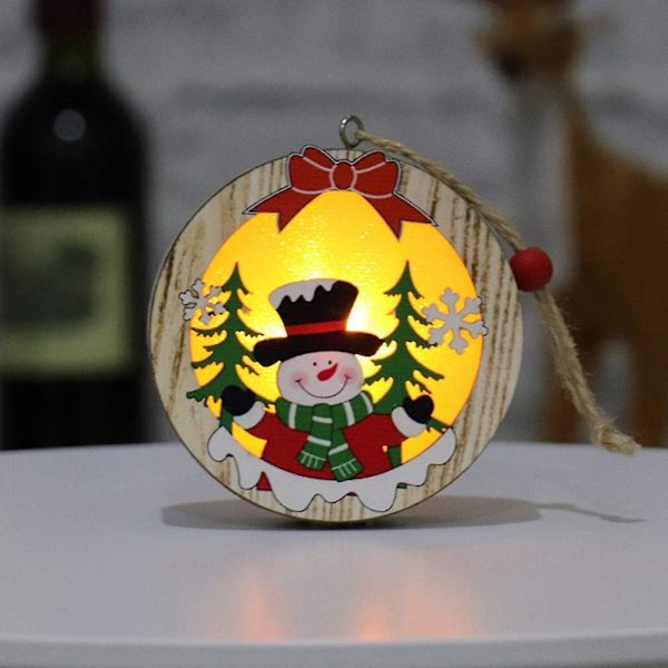 3 st LED-upplysta juldekorationer i trä, runda, ren, snögubbe, tomte, mönster, hängande julgran, julnattljus