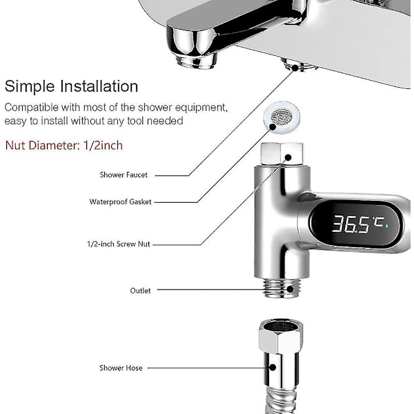 Kylpyammetermometrit, Led-vesitermometri digitaalinen näyttö suihkun lämpötila 0~100 Celsius/Fahrenheit, 360 kiertävä