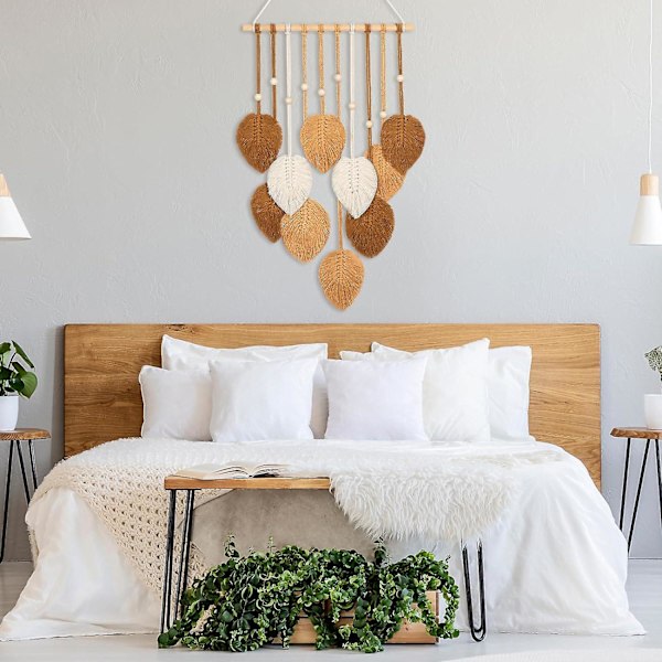 Macrame väggdekoration grön blad tofsväv Boho Chic väggdekor handgjord vävd bomullstrossväv estetisk bohemisk väggkonst för sovrum