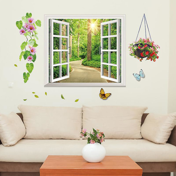 En set gångfönster väggdekaler falska blommor fjärilar väggdekor Väggdekor för vardagsrummet sovrum kök kontor