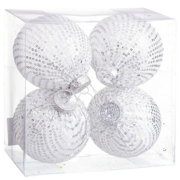 Julgranskulor Vita Silver Plast Tyg Paljetter 10 x 10 x 10 cm (4 stycken)