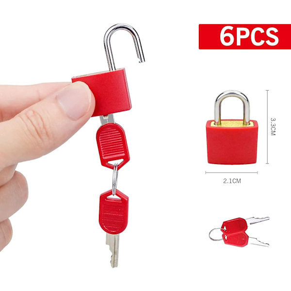6-osainen minimatkalaukun lukko 2 avaimella, 6 väriä pienet matkalaukun lukot Matkalaukun lukot reppuihin, matkalaukkuihin, kaappeihin, 3,3 x 2,1 cm