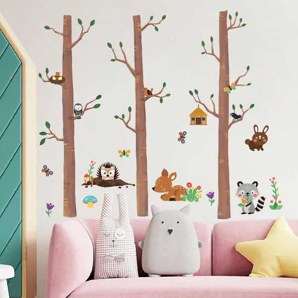 Stor björk väggdekal träd skog djur rådjur väggdekor baby barnrum sovrum väggdekoration，30*90cm