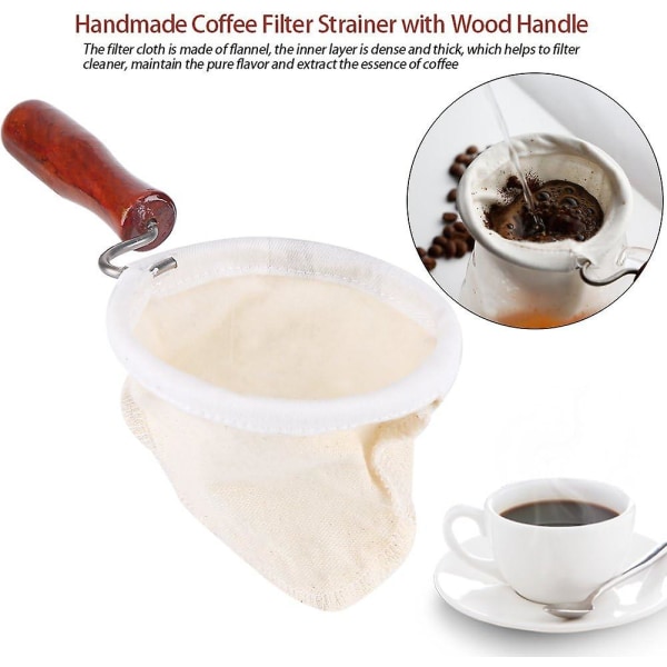 Gjenbrukbare tøykaffefiltre for perkolator, slitesterk vaskbar flanellstoffperkolator med trehåndtak kaffetraktertilbehør