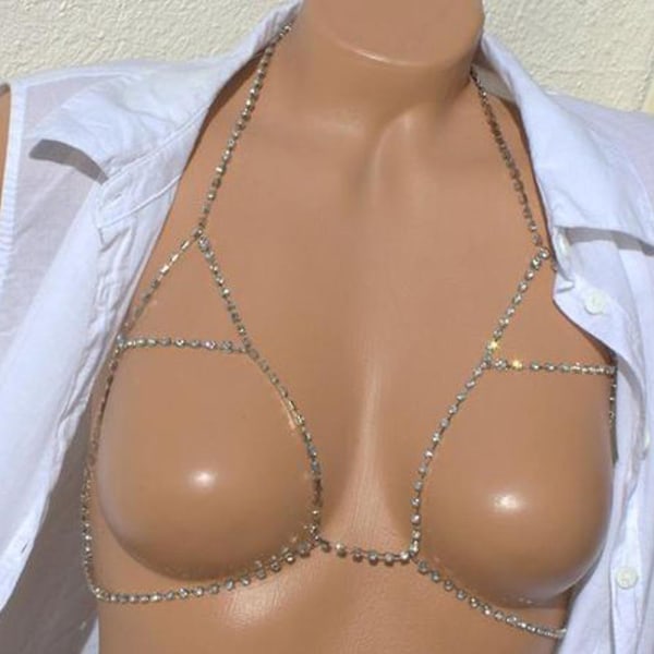 Rhinestones Body Chain Silver Crystal BH-kjeder Sexy Bikini Body Smykker Tilbehør for kvinner