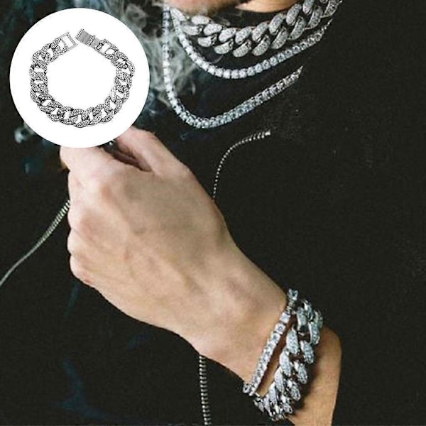 3x Kubansk Kedja Lyx Bling Tungt Belagd Strass Stark Party Män Silver