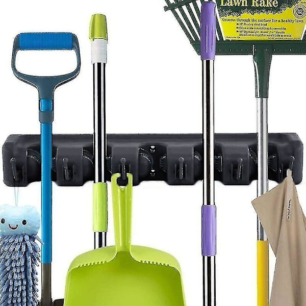 Kost- og moppholder, veggmontert, moppholder, mopp- og kostorganisator, veggmontert stativ, kost- og moppholder, organisatorisk skinne veggmontert med 6 kroker