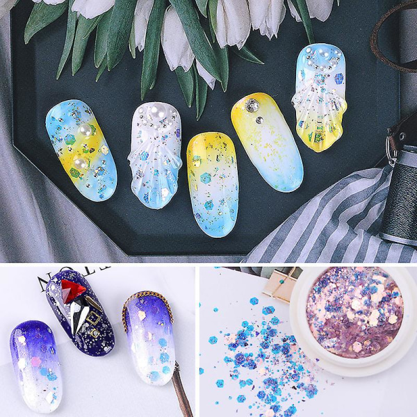 Holografinen Nail Glitter Mermaid Puuteri Hiutaleet Kiiltävät Charms Kuusikulmainen Nail Art Pigmentti Pöly Sisustus Manikyyri