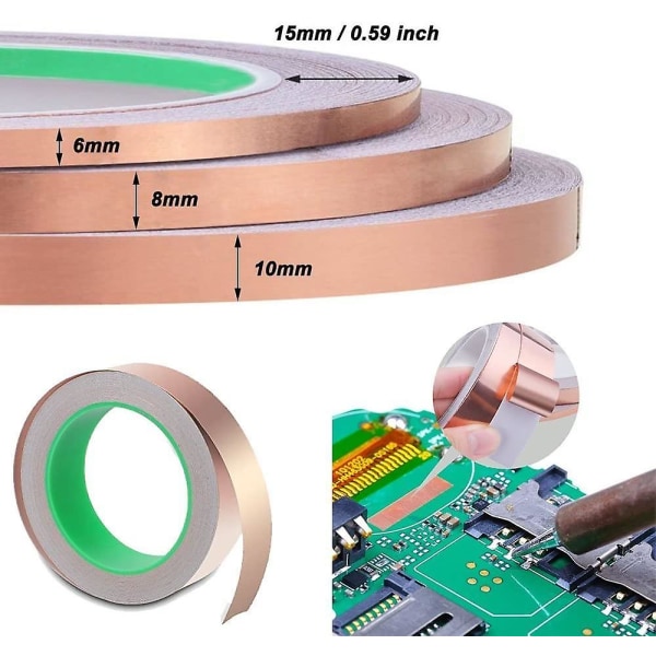 3 PAKKER 25m selvklebende kobberfolietape med dobbel ledningsevne for EMI-skjerming, glassmaleri, håndverk, snegleavvisende middel, elektriske reparasjoner, lodding,