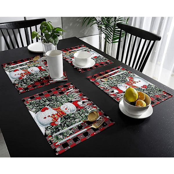 Julemand Snemænd Bordskånere til Spisebord Sæt af 4 Glædelig Jul Sød Snemænd med Juletræ Rød og Sort Buffalo Plaid Bomuld Linned Bordskånere