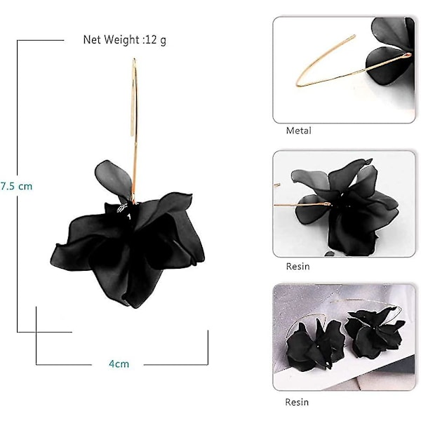 Boho Rose Petal Dangle Resin Øredobber - Lange Drop Akryl Lagdelt Blomst Øredobber - Svart