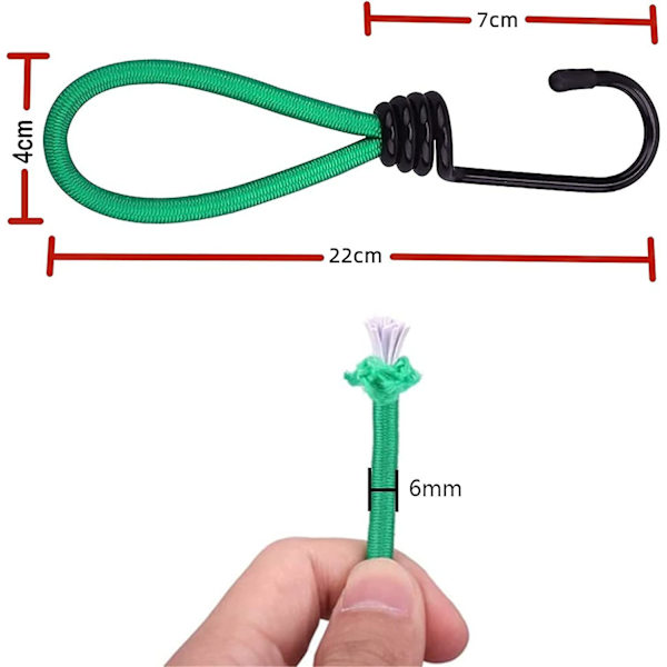 Bungee-snören med krokar, Bungee-snöre, Mini Bungee-snöre, 8 stycken, Gul och grön, Lämplig för lastning, camping, presenningar, etc.