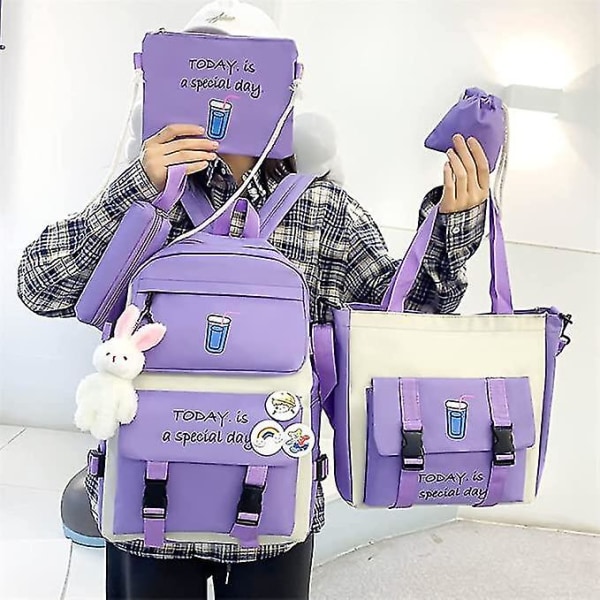 5 st Anime ryggsäck Combo Set med söt kanin Charm Pin Vacker ryggsäck Laptop School Essential Kit (lila)