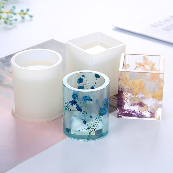 2 stk. Diy firkantet harpiksform terning og cylinder silikoneforme Diy blomsterpotteforme potteform kuglepenneholderforme