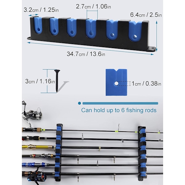 Horisontal fiskestangsholder, til vægmontering, til garage og båd, 6 stænger, 1 par stangsholder, stangsholder