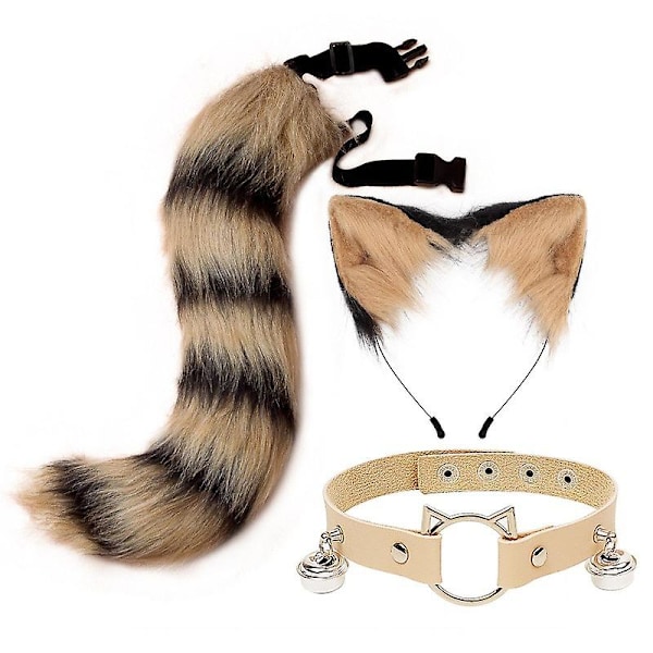 Cartoonrävöron Hårband Och Halsband Svans Plysch Cosplay Tillbehör För Barnfest Niuniu (Khaki Svart)