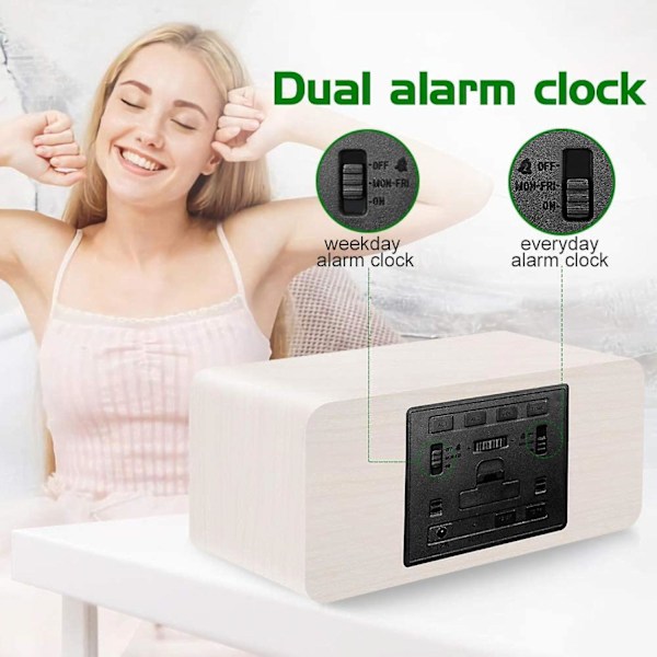 Digital väckarklocka i trä med trådlös laddning, justerbar ljusstyrka, dubbla alarm, vardags-/helglägen, snooze, LED-klocka för sovrum/skrivbord