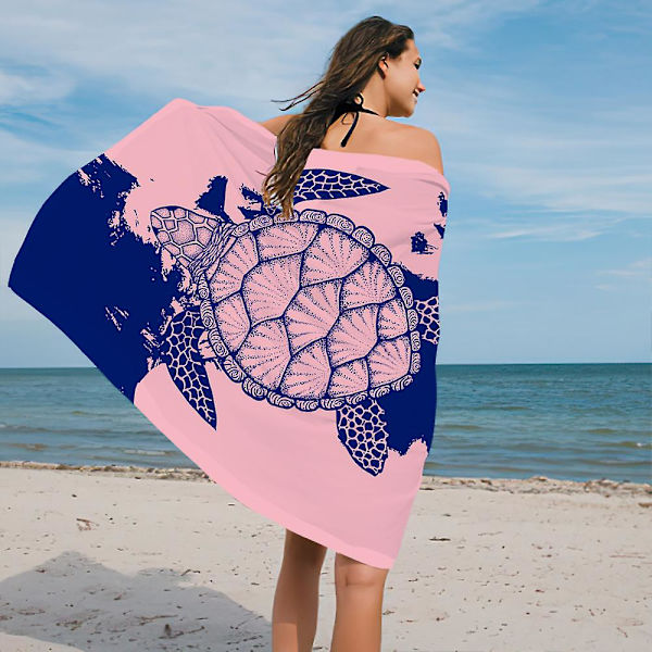 Strandhåndklæde – Blå med et tropisk design, L 70*150CM Cool Hawaiian, Navy Strandhåndklæde med PINK Lyseblå Stribe,