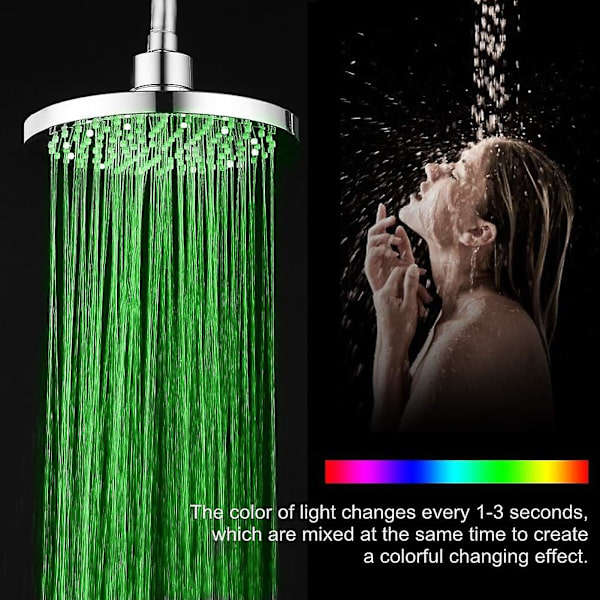 LED-duschhuvud, 20 cm belyst duschhuvud, LED-handdusch med 7 färger, runt LED-regnhuvud, universellt G1/2\"