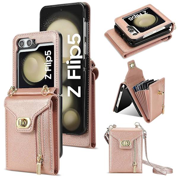 Pengepung til Samsung Galaxy Z Flip 5, PU Læder Stødsikker Cover med Lynlås Kortlomme & Skulderrem (Pink)