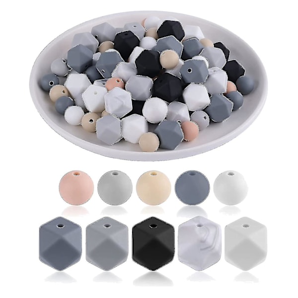 100 st Silikonpärlor, Runda och Hexagonformade, Silikonpärlor i Bulk för Smyckestillverkning