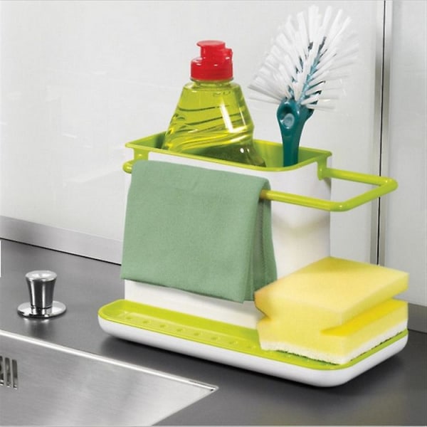 Håndvaskbeholder med integreret afløb, holder til svamp, børste, opvaskemiddel og karklud, Grøn（21*11,4*13,5）