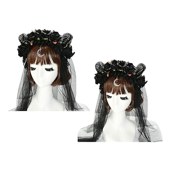 Halloween Lolita Cosplay Pandebånd Fårhorn Sort Rose Blomst Krans Hårbånd Langt Mesh Slør Måne Vedhæng Hovedbeklædning
