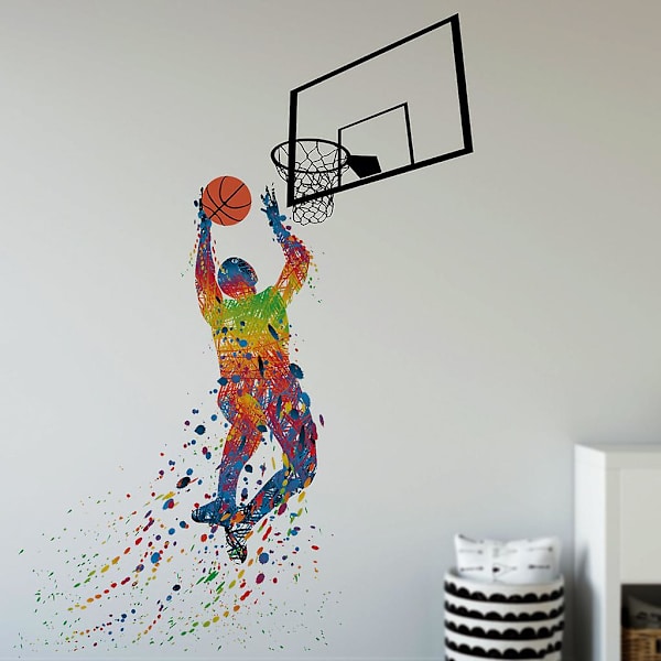 Vinyl Basketbollspelare Slam Dunk Silhouette med Basketboll och Basketväggdekaler Klistermärken Väggmålningar för Basketboll Barn Tonåringar Pojkar Rum