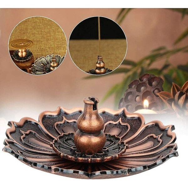 Lotus Røgelseholder, Mini Lotus Røgelsebrænder Base med Blomsterformet Kunst og Klassisk Ovn Dekoration (Rød Bronze)