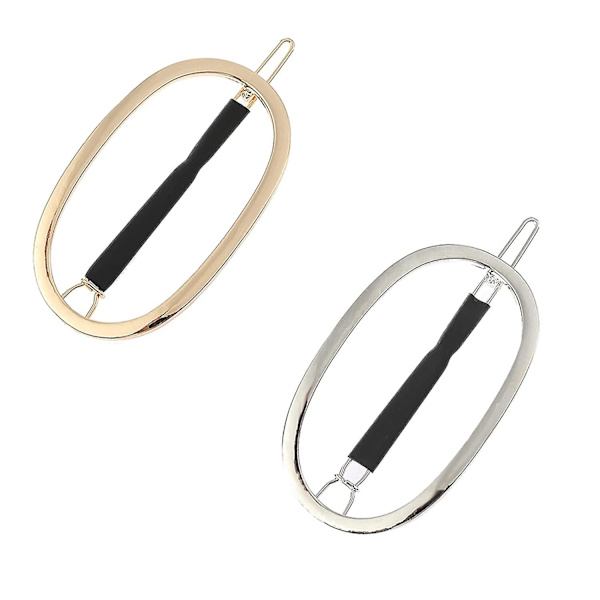 Set med 2 enkla hårklämmor för kvinnor, ny design halkfri gummiklämma guld och silver ihåliga geometriska metallhårklämmor (oval)