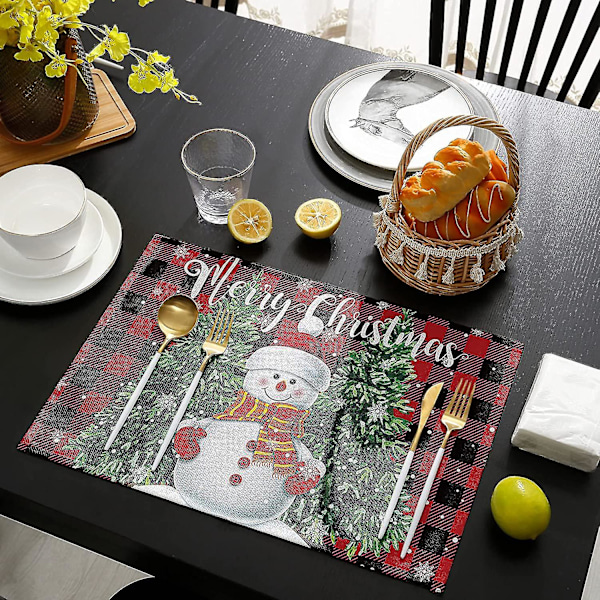 Julemand Snemænd Bordskånere til Spisebord Sæt af 4 Glædelig Jul Sød Snemænd med Juletræ Rød og Sort Buffalo Plaid Bomuld Linned Bordskånere