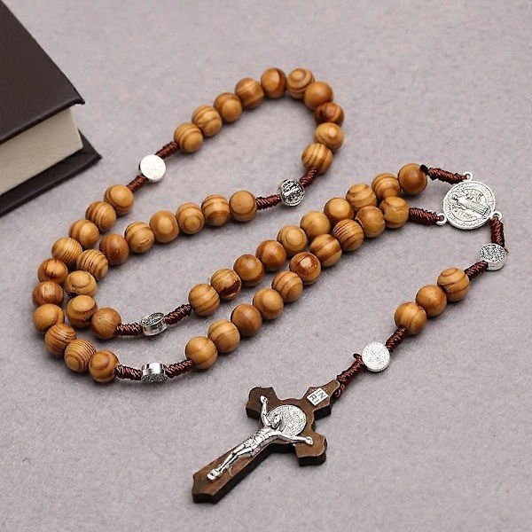 10MM Träpärlor Rosenkrans Kors Halsband För Kvinnor Män Kristen Jungfru Maria INRI Hänge Kedja Mode Religion Smycken Straggle Steipos
