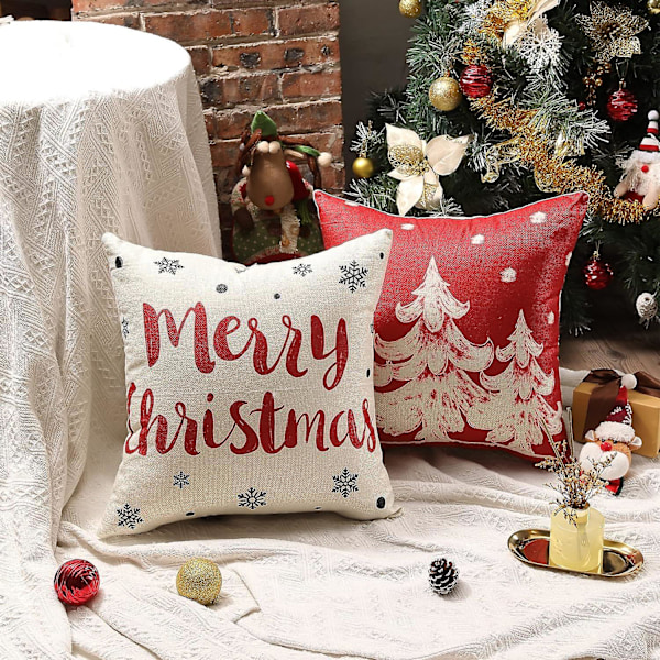 Röd Jul Kuddfodral 45.72 X 45.72 Cm Juldekoration God Jul Träd Snöflinga Vinter Semester Dekoration Hem Kudde Kuddfodral
