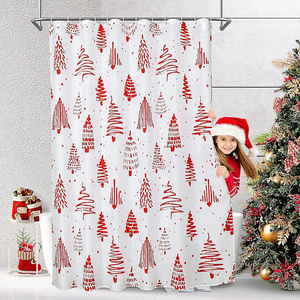 Jul Duschdraperi Set, Julgran Duschdraperier, Röd och Vit Jul Gran Standard Duschdraperier, Badrumsdekor, Minimalistisk Vinter