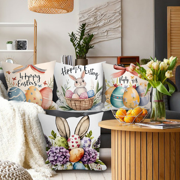 4-delars set Påsk örngott kanin ägg soffa kuddfodral 45*45cm (endast örngott, inget innehåll)