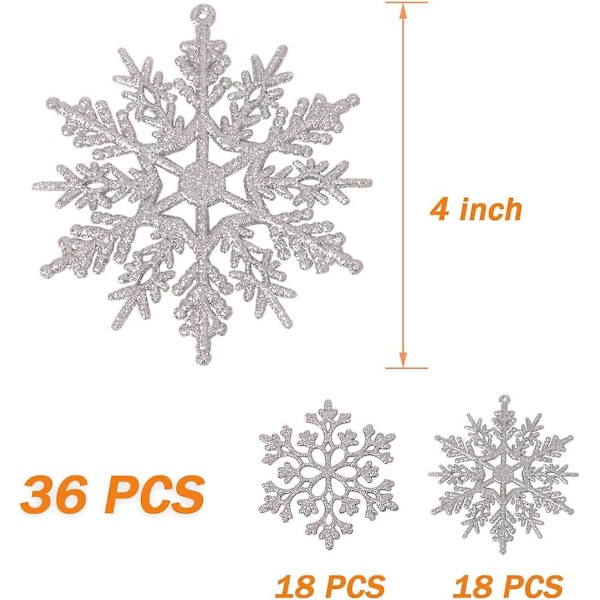 36 st Glittrande Plast Snöflingor, Glimrande Silver Iridescent Glitter Julgransdekorationer För Dekoration, Hantverk Och Jul 4 tum