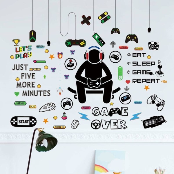 Väggklistermärken för videospel - Väggdekaler för DIY Gaming Väggdekaler Eat Sleep Game Over Gaming Controller Väggdekal för lekrum för barnrum Heminredning (6 ark)