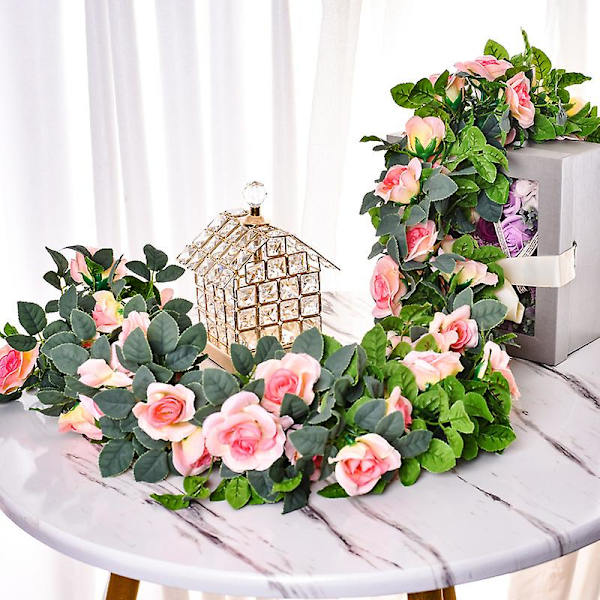 Konstgjord Girlang Ros Rankor Falsk Silke Blommor Rosor Hängande Rosa Lövverk Växter för Bröllop Båge Arrangemang (2st, Rosa)