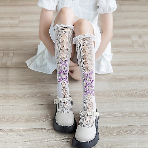 2 Pair Maid Cute Lace Lolita Socks Tube Long Socks Pile Pile Socks Knee High Bow Sockswhite+black