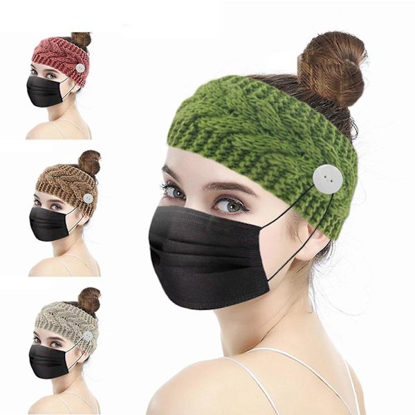 Hodebånd i strikket turban med knapper for ørebeskyttelse - Elastisk bredt hårbånd i tykt flettet kabelstrikk - Ørevarmer