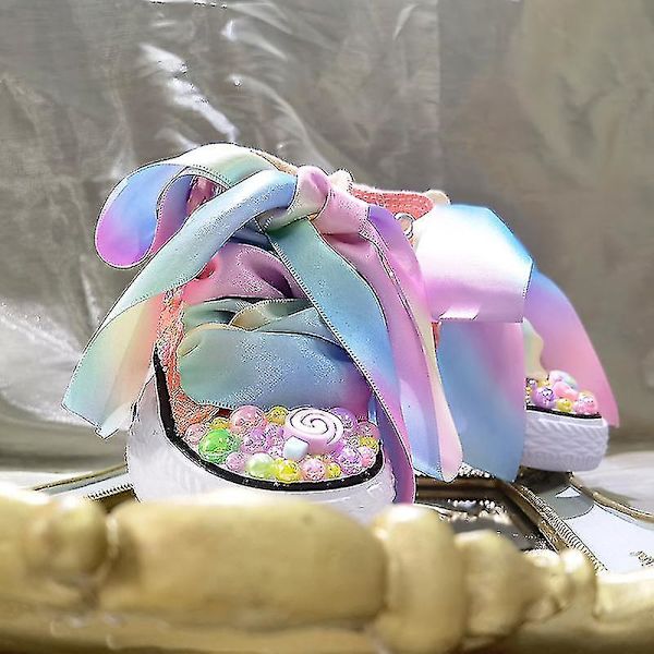 Barn Lollipop Regnbåge Godis Canvas Simulation DIY Pärla Skor Flickor Födelsedagsfest Glittriga Skor Den Bästa Födelsedagspresenten L (32, A)