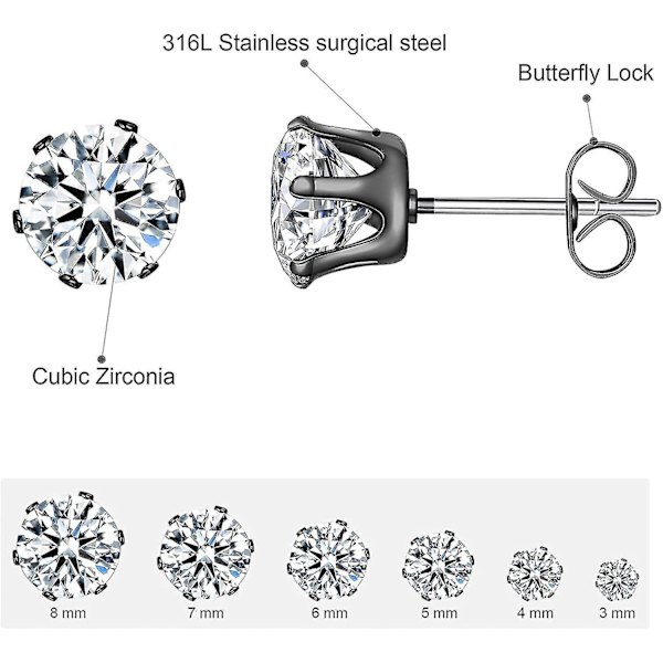 6 Par Stud Øreringe Sæt, Klar Cubic Zirconia 316l Rustfrit Stål Øreringe Til Kvinder Til Mænd 3-8mm E Hvid Sten