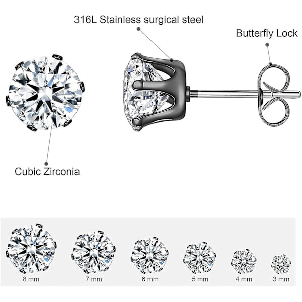 6 Par Studörhängen Set, Klar Kubisk Zirkonia 316l Rostfritt Stål Örhängen För Kvinnor För Män 3-8mm E Vit Sten