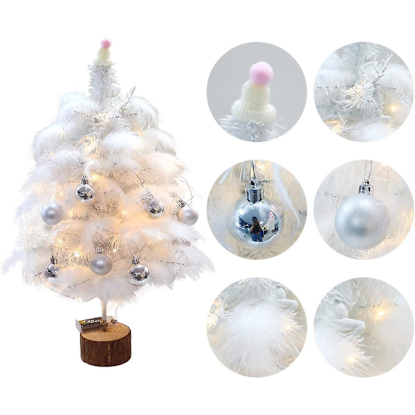 Liten bordsjulgran med LED-lampor, vit fjäder bordsjulgran med glittrande älg, bolldekorationer (45 cm + ljus) -a