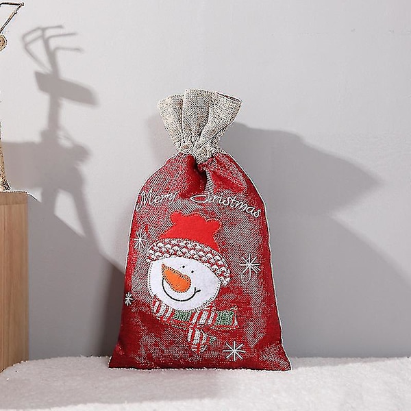 Jultomte-säckar i linne med snögubbe-mönster, dragsko-påsar, julklappspåsar, festfavoriter, juldekorationer, 2-pack röda