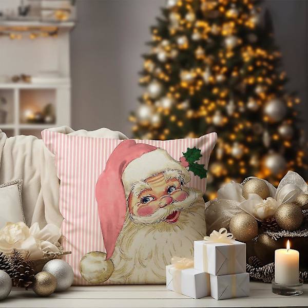Julkuddar 18x18 Set om 4 Rosa Ränder Tomte Snögubbe Snöflinga God Jul Gran Låt Det Snöa