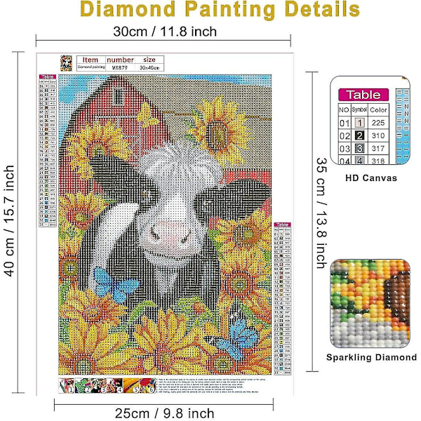 Diamantmålning Kit Kor 30x40cm, Diamantmålning Kit Kor och Solrosor Komplett DIY Diamantmålning Strass Fullständig Diamantmålning Set Diamo