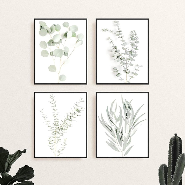 Botaniska växter Väggkonsttryck - Set med 4 växtväggdekorationer Blommor Köksblommor Väggkonst Boho Leaf Eucalyptus (oinramad) (8x10)